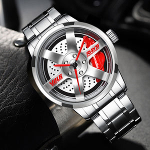 Car Rim Watch-Waterproof Stainless Steel Japanese Quartz Wrist Watch Sports Men’s Watches(Silver-HD)
