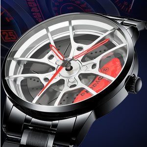 Car Wheel Watch-Waterproof Stainless Steel Japanese Quartz Wrist Watch (Silver)