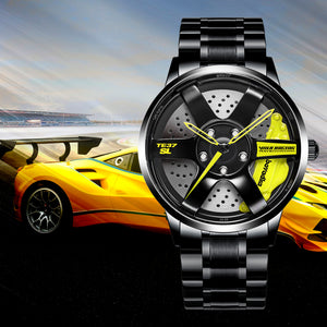 Car Wheel Watch-Waterproof Stainless Steel Japanese Quartz Wrist Watch Sports Men’s atches (Yellow)