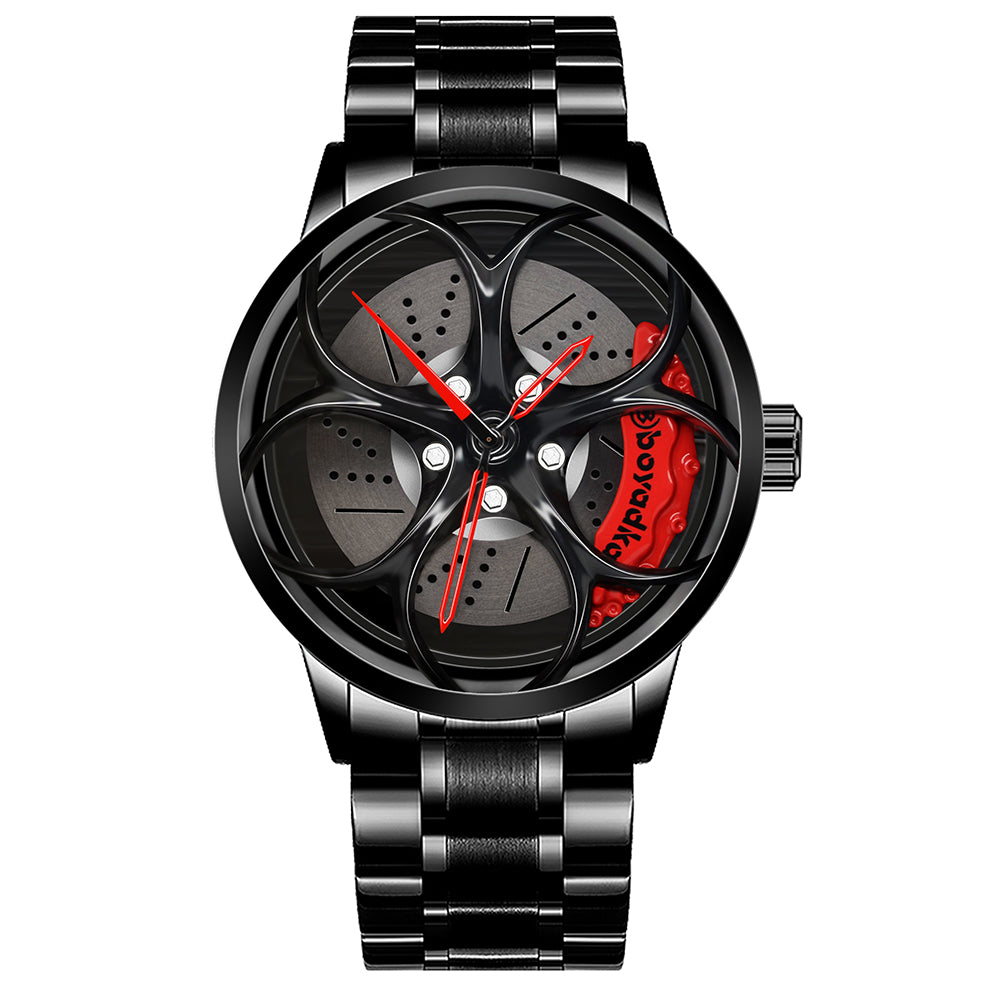 Car Rim Watch-Waterproof Stainless Steel Japanese Quartz Wrist Watch Sports Men’s Watches(Red)